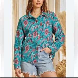 Turquoise Pink Ikat Button-Up Shirt - Savannah Jane size M